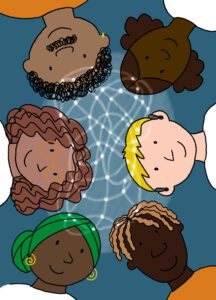 Das Bild zeigt eine Illustration von sechs verschiedenen Personen, die im Kreis angeordnet sind und nach innen schauen. Die Personen haben verschiedene Haut und Haarfarben. Der Hintergrund ist blau mit einem weißen, netzartigen Muster in der Mitte. Die Personen lächeln freundlich.