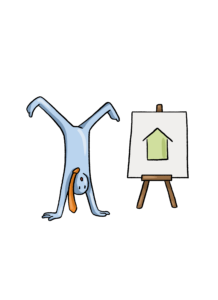 Blaue Figur im Handstand, schaut erstaunt auf ein Bild mit Pfeil nach oben.